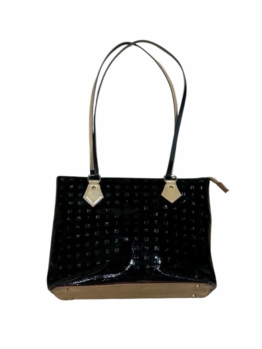 Arcadia Black Shoulder Bag with Glossy Finish and Textured Pattern